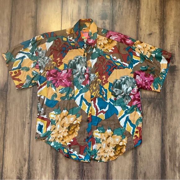Tops - Vintage Protest Juniors Silk Shirt | Large colorful silky soft button down
